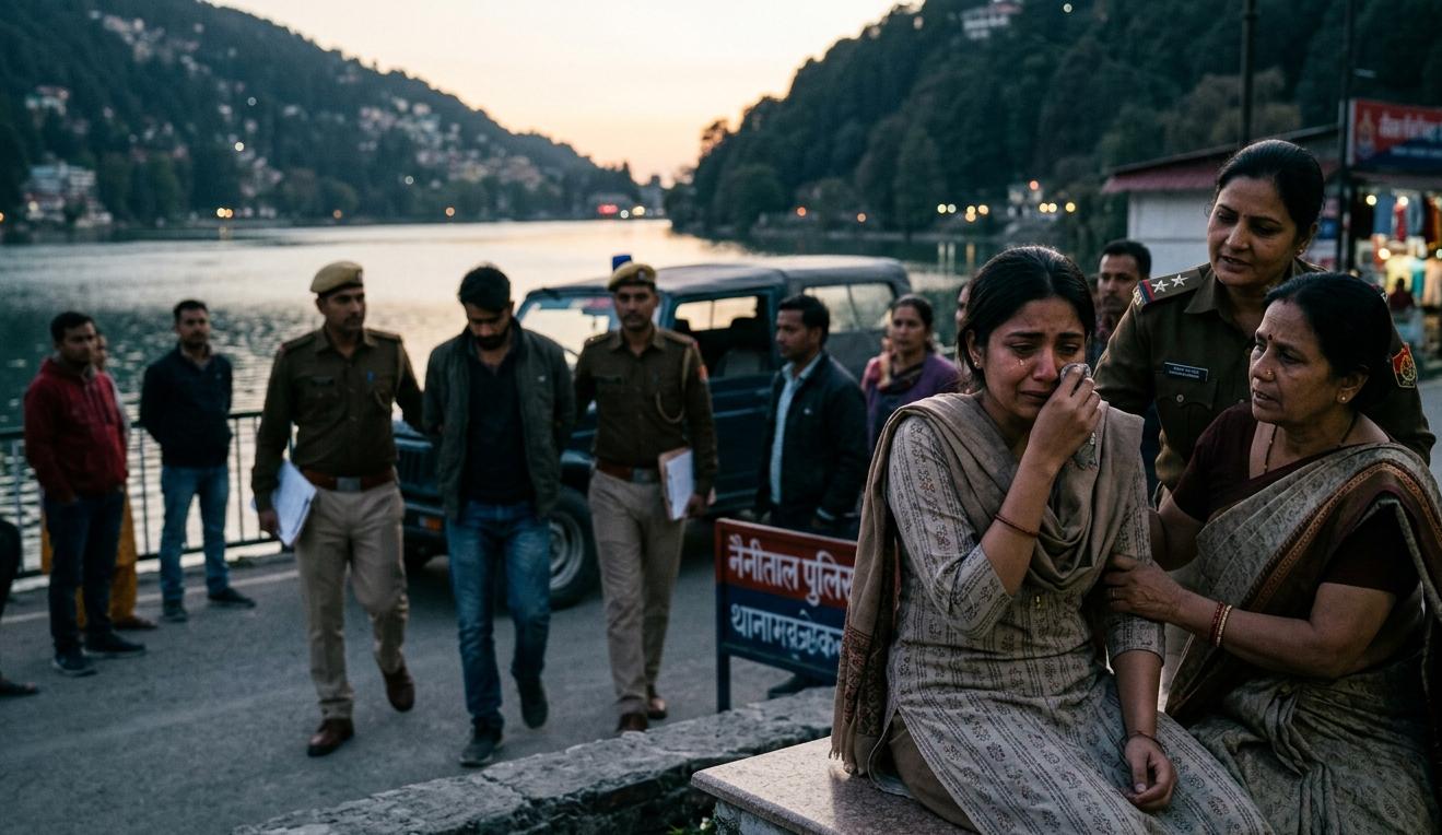 नैनीताल पुलिस द्वारा आरोपी की गिरफ्तारी और पीड़िता को सांत्वना देती महिला पुलिसकर्मी।