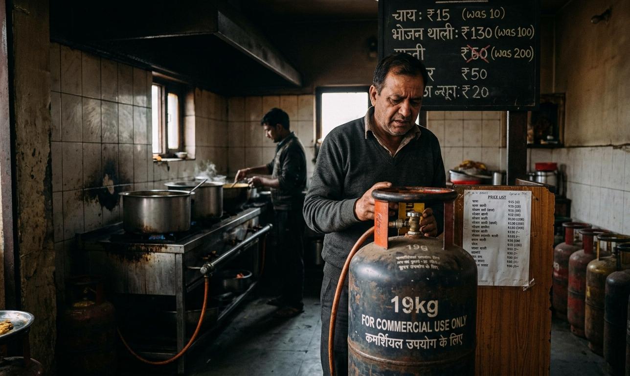 होटल के किचन में कमर्शियल गैस सिलिंडर के साथ खड़ा चिंतित रेस्टोरेंट संचालक