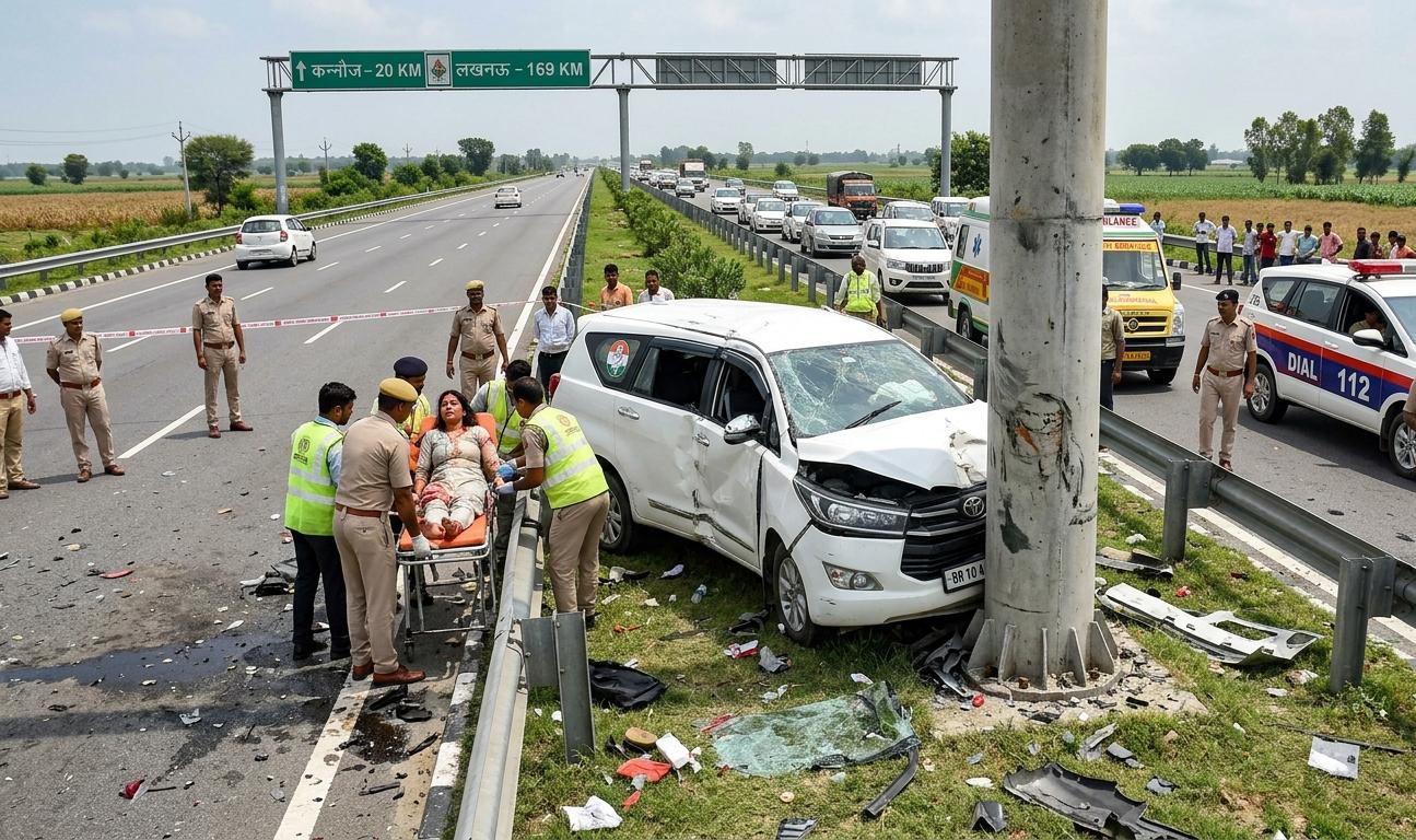 आगरा-लखनऊ एक्सप्रेसवे पर दुर्घटनाग्रस्त कार और बचाव कार्य में जुटी पुलिस