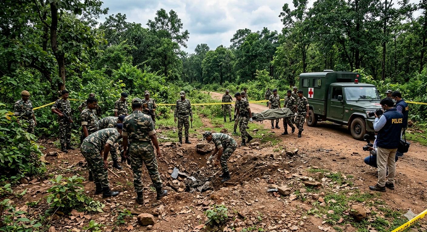 छत्तीसगढ़ के कांकेर में नक्सली आईईडी ब्लास्ट के बाद जांच करते सुरक्षा बल के जवान।