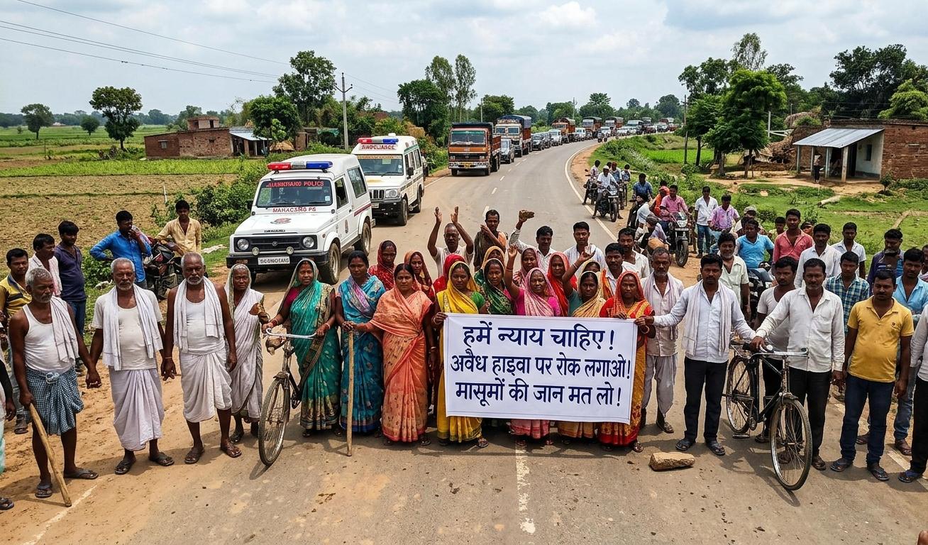 गोड्डा महागामा सड़क दुर्घटना के बाद ग्रामीणों द्वारा सड़क जाम और विरोध प्रदर्शन की तस्वीर