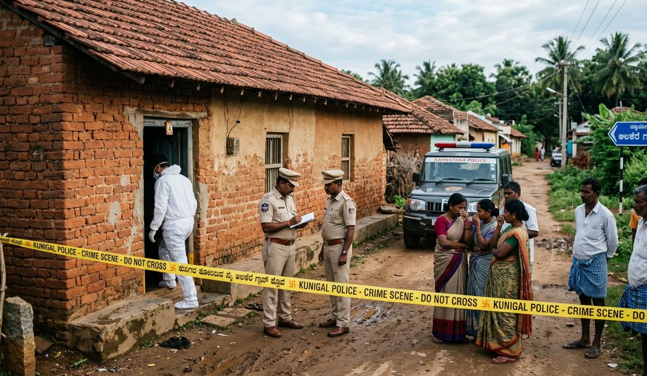 कर्नाटक के तुमकुरु में पुलिस द्वारा अपराध स्थल की जाँच और गांव में उमड़ी भीड़।