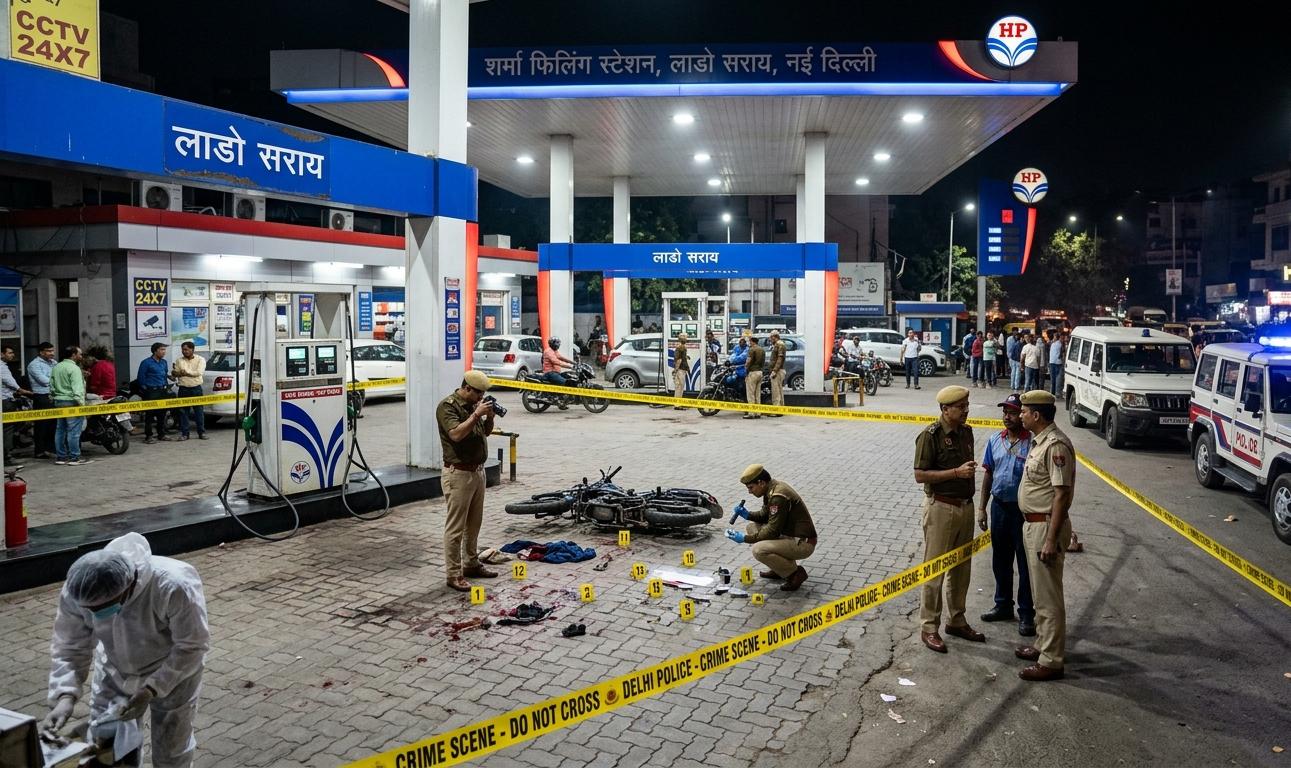 दिल्ली के लाडो सराय पेट्रोल पंप पर पुलिस जांच और क्राइम सीन की सांकेतिक तस्वीर।