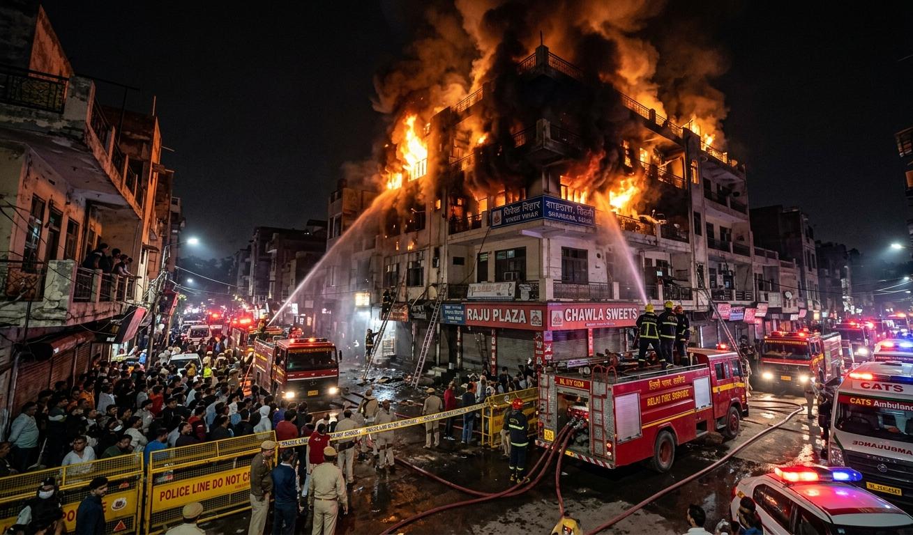 दिल्ली के विवेक विहार में जलती हुई चार मंजिला इमारत और राहत कार्य में जुटी दमकल की गाड़ियां।