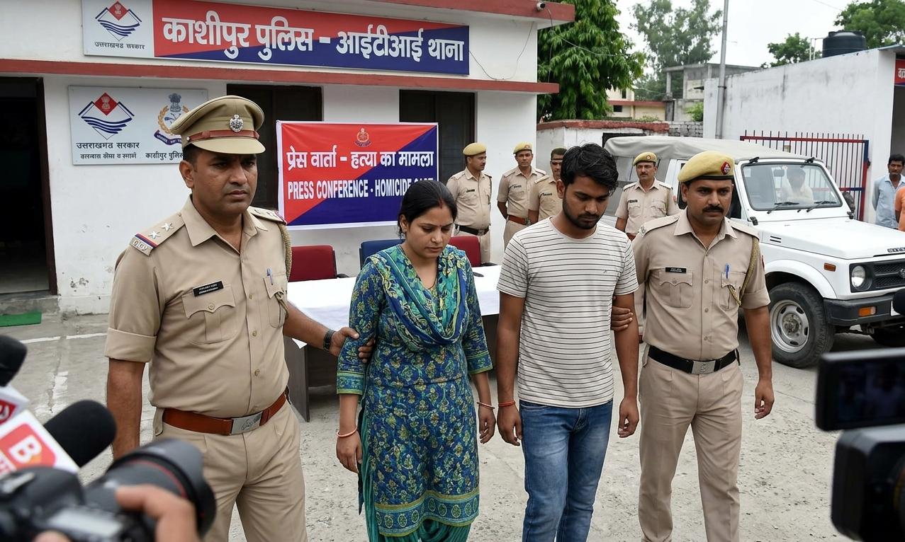 काशीपुर पुलिस द्वारा पति की हत्या के आरोप में गिरफ्तार महिला और उसके प्रेमी को ले जाते हुए एक प्रतीकात्मक दृश्य।