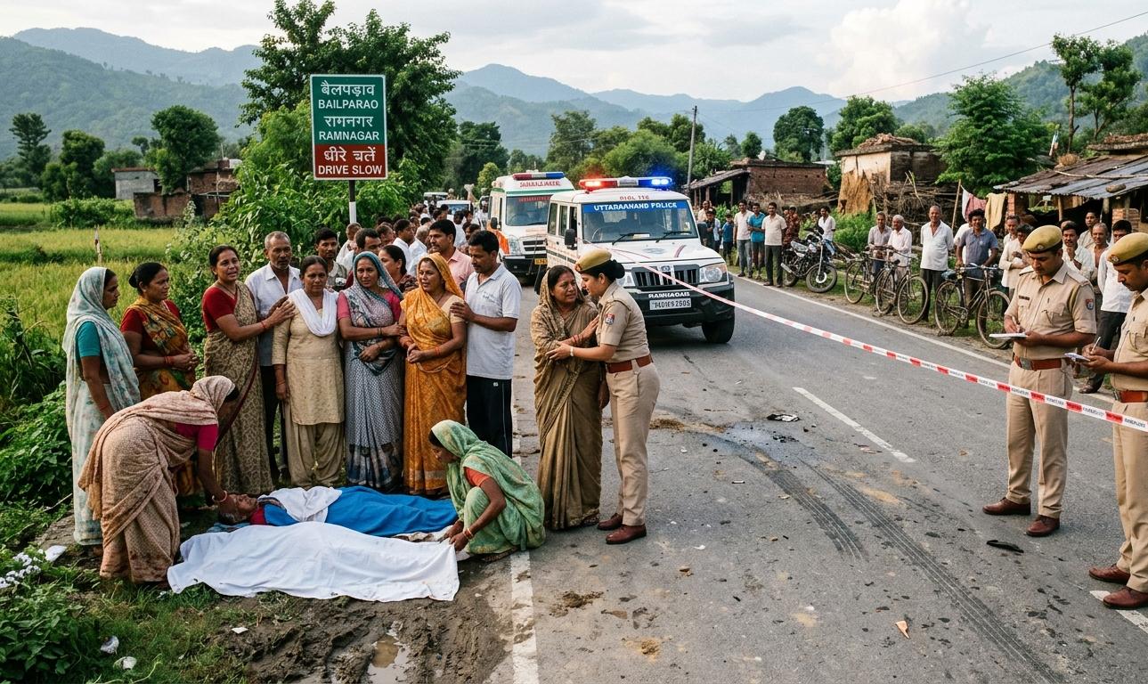 रामनगर बैलपड़ाव सड़क हादसा स्थल पर जांच करती पुलिस और मौजूद भीड़