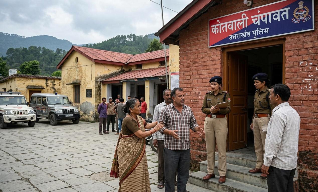 एक रोती हुई बुजुर्ग आदमी और एक महिला के साथ दो पुलिस अधिकारी उत्तराखंड के एक पुलिस थाने के बाहर खड़े होकर बात कर रहे हैं.