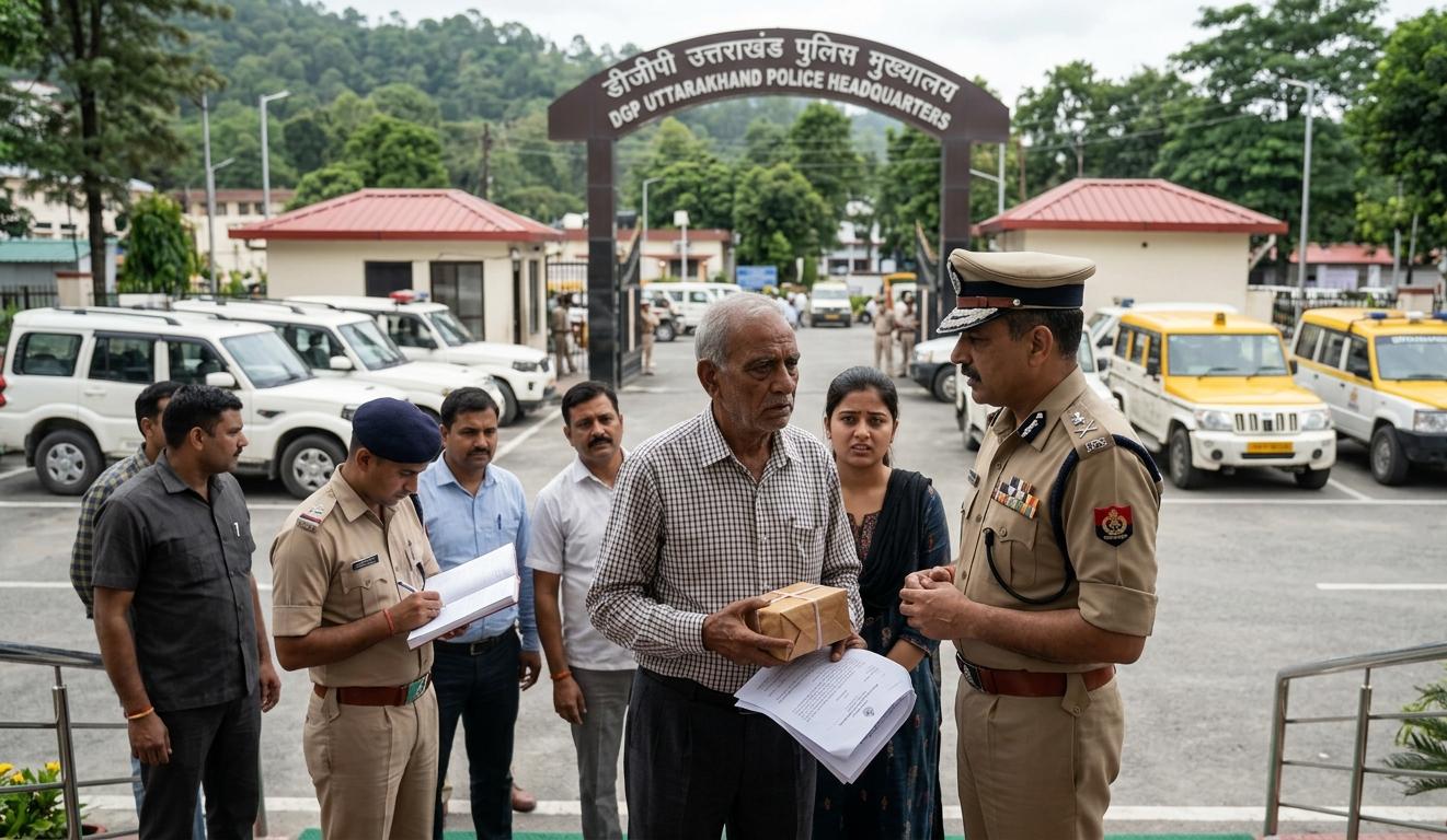 देहरादून पुलिस मुख्यालय के बाहर न्याय की गुहार लगाता एक पीड़ित परिवार और पुलिस अधिकारी.