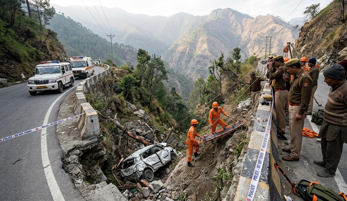 अल्मोड़ा के भिकियासैंण में खाई में गिरी कार और बचाव कार्य में जुटी पुलिस और SDRF की टीम