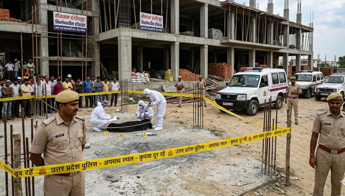 * ग्रेटर नोएडा के निर्माणाधीन हॉस्टल में पुलिस जांच का दृश्य जहाँ दो मालियों की हत्या हुई।