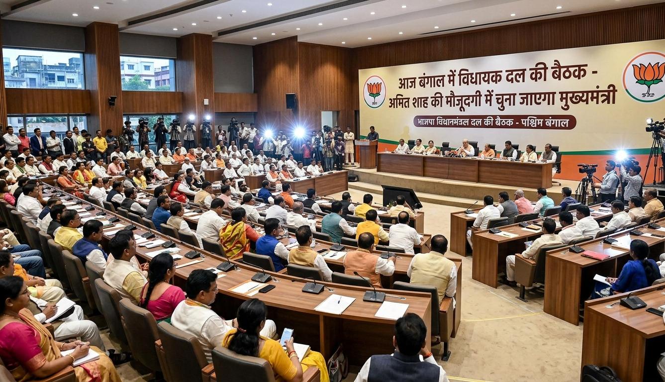 कोलकाता के विश्व बांग्ला कन्वेंशन सेंटर में भाजपा विधायक दल की बैठक और अमित शाह