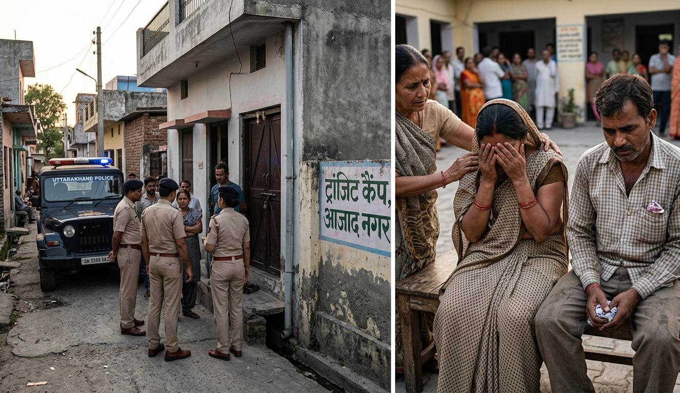 उत्तराखंड पुलिस की गाड़ी और रुद्रपुर में शोक संतप्त परिवार के साथ स्थानीय लोगों की भीड़।