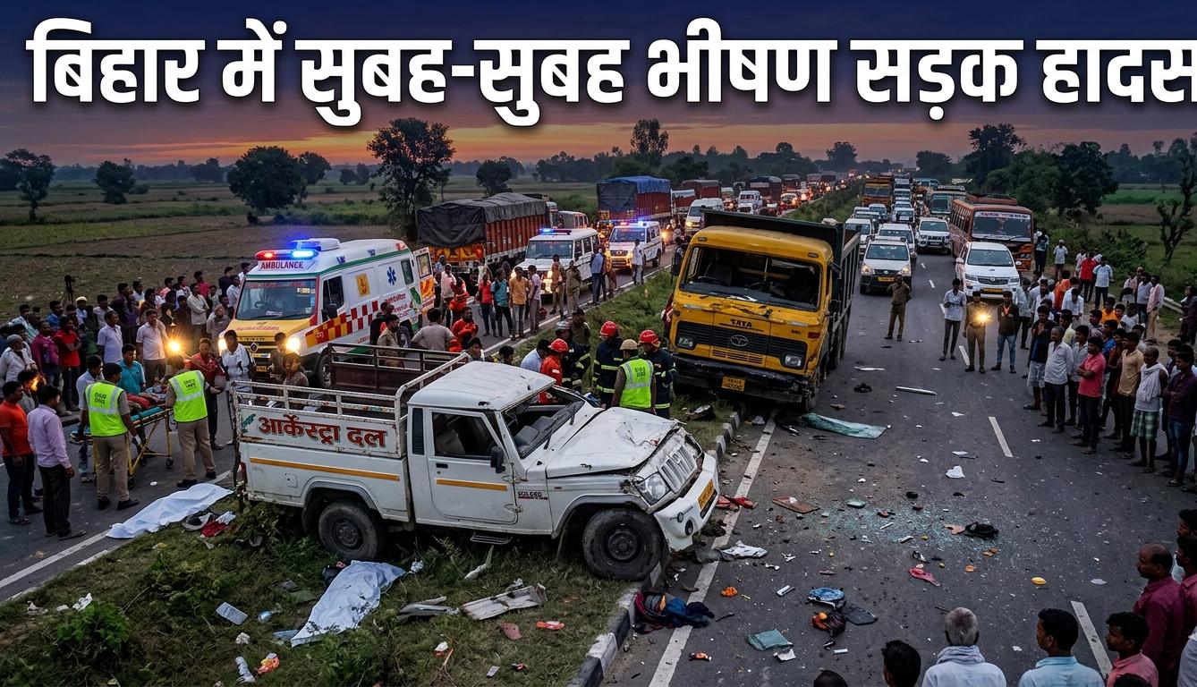 बिहार के सारण में NH-531 पर दुर्घटनाग्रस्त पिकअप और ट्रक की प्रतीकात्मक तस्वीर।