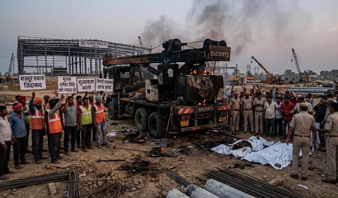 उन्नाव में जली हुई पाइलिंग मशीन और विरोध प्रदर्शन करते मजदूर