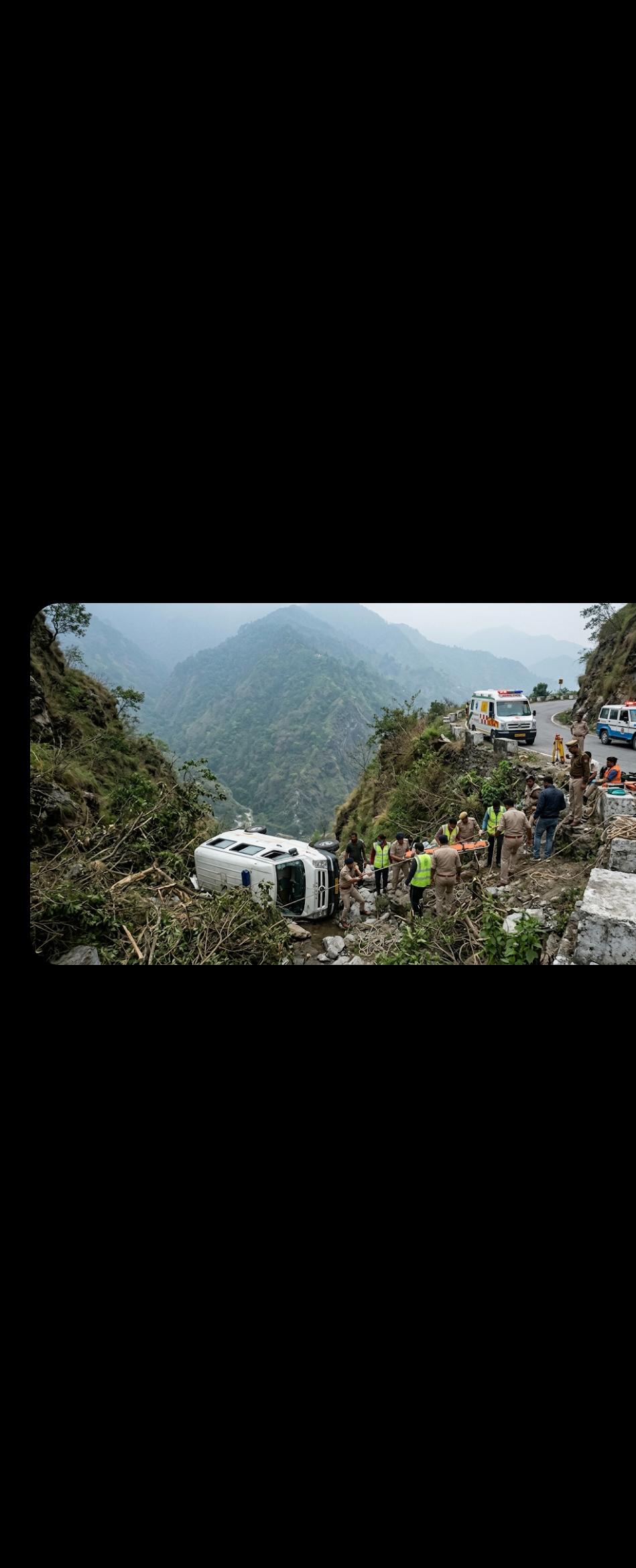 उत्तराखंड के पहाड़ी रास्ते पर दुर्घटनाग्रस्त सफेद ईको वाहन और मौके पर मौजूद पुलिस व बचाव दल