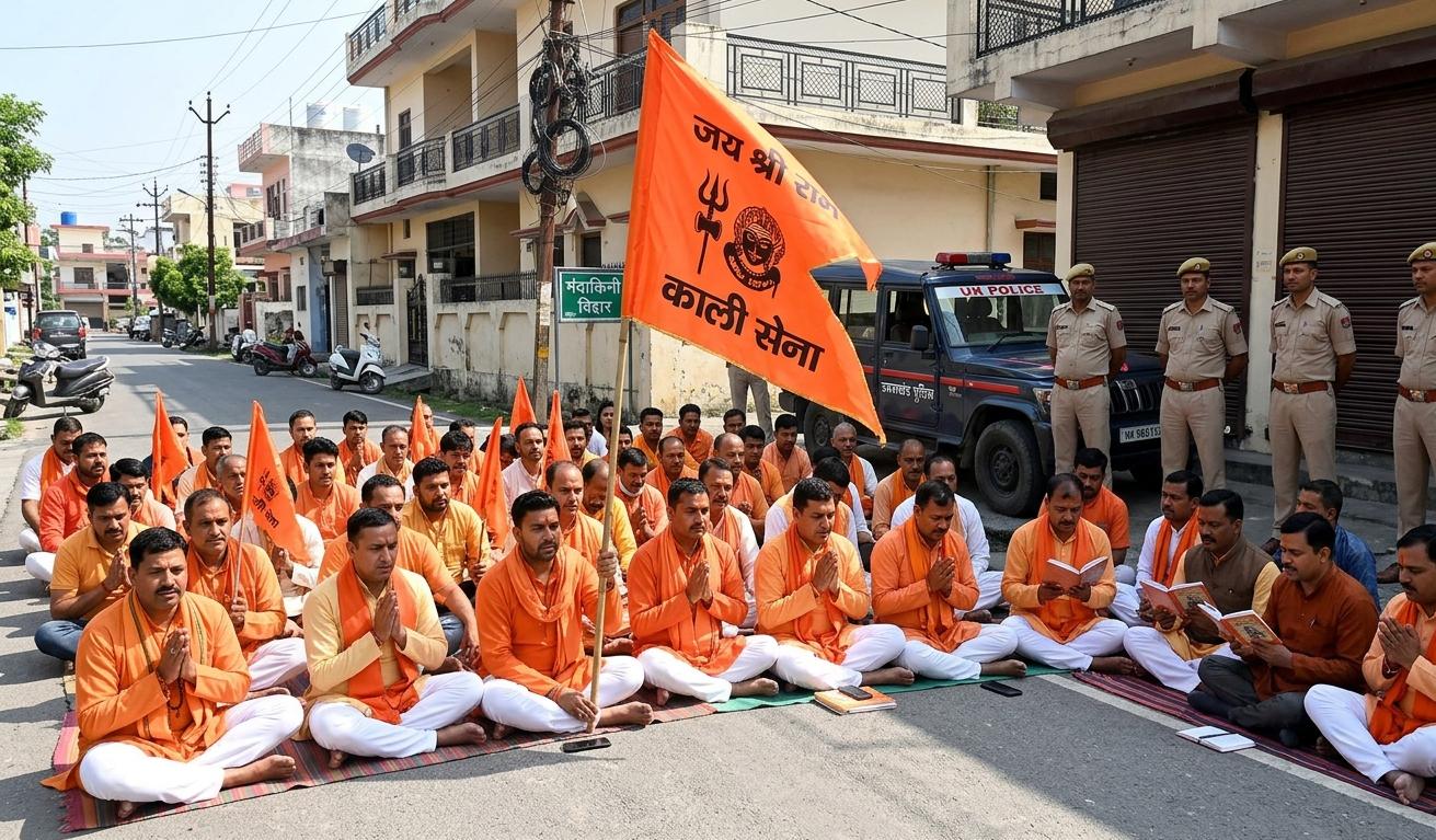 देहरादून के मंदाकिनी विहार में काली सेना के कार्यकर्ताओं द्वारा पुलिस की मौजूदगी में हनुमान चालीसा का पाठ और विरोध प्रदर्शन।