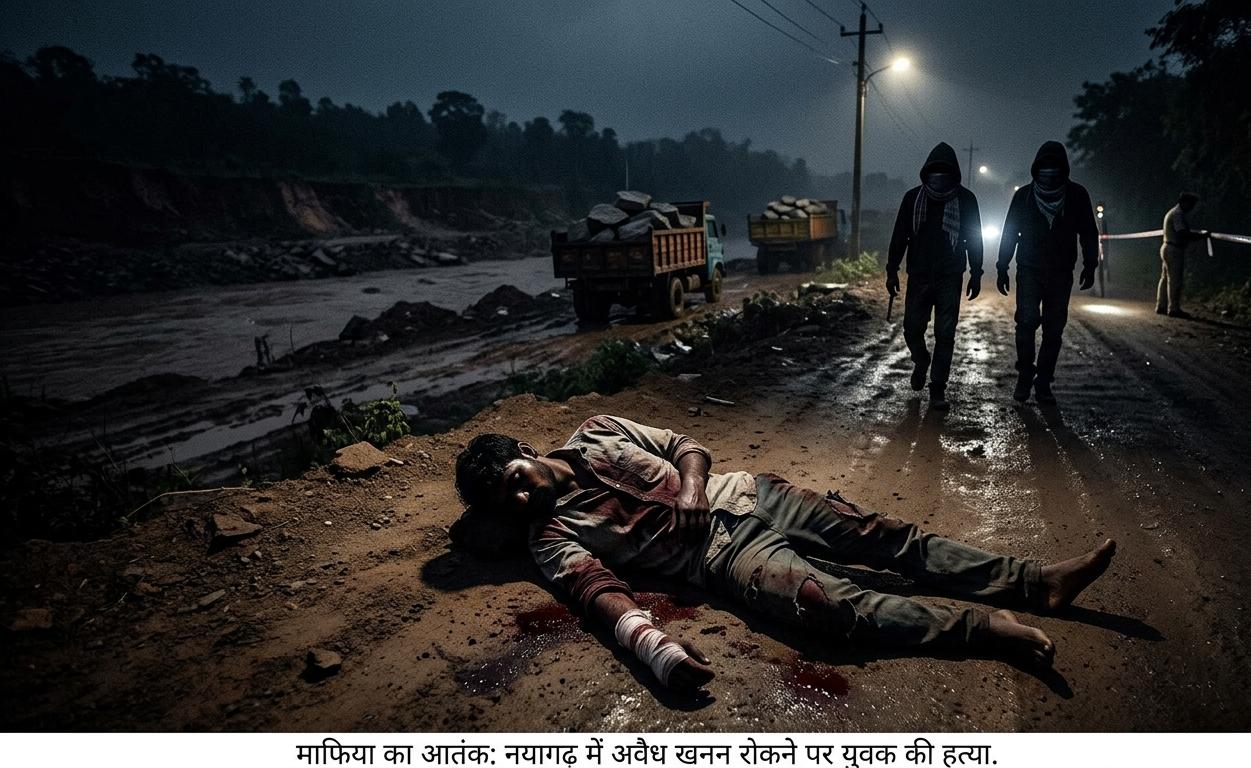 ओडिशा नयागढ़ में पत्थर माफिया द्वारा हत्या के बाद सड़क पर पड़ा युवक का शव और पुलिस जांच.