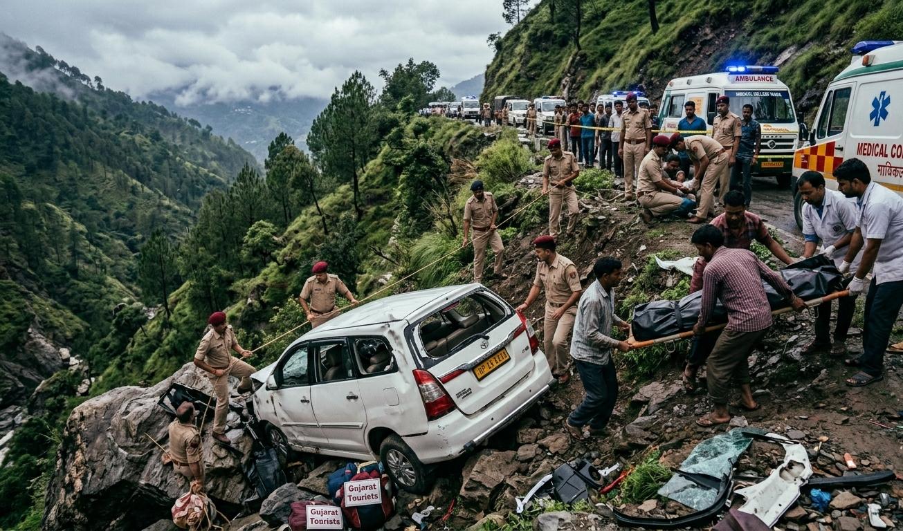 हिमाचल प्रदेश के चंबा में खाई में गिरी सफेद इनोवा कार और राहत-बचाव कार्य करते बचाव दल।