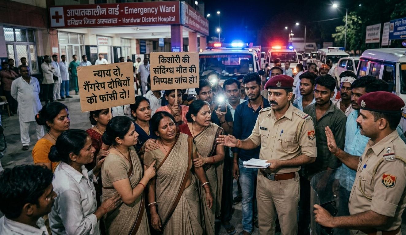 हरिद्वार जिला अस्पताल के बाहर किशोरी की मौत पर प्रदर्शन करते परिजन और पुलिस अधिकारी.
