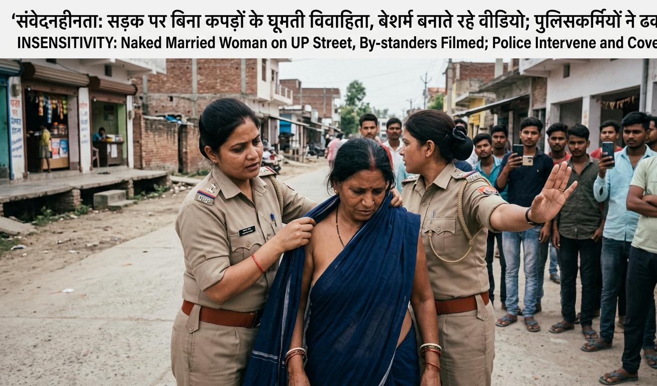 आगरा में महिला पुलिसकर्मी मानसिक रूप से बीमार महिला को कपड़े पहनाकर मदद करती हुईं।