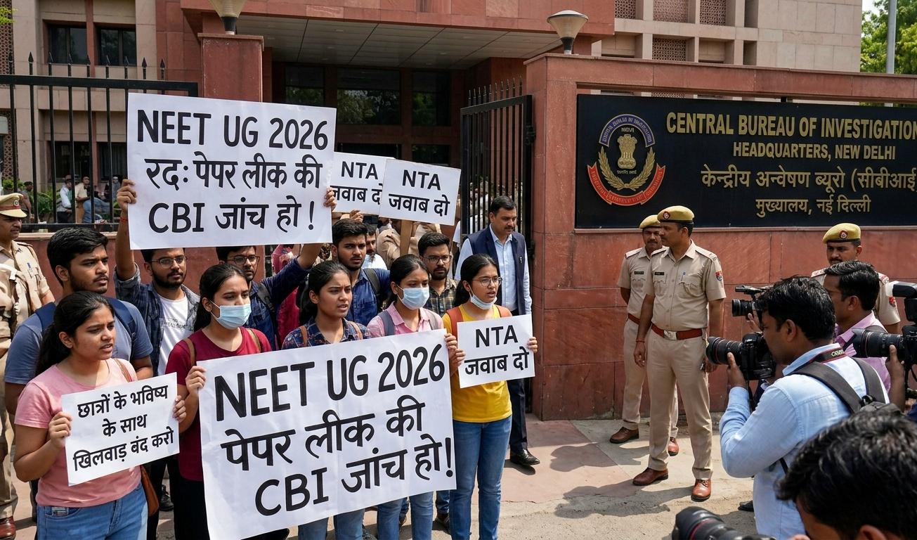 NEET UG 2026 परीक्षा रद होने के खिलाफ प्रदर्शन करते छात्र और सीबीआई जांच की मांग वाले पोस्टर।