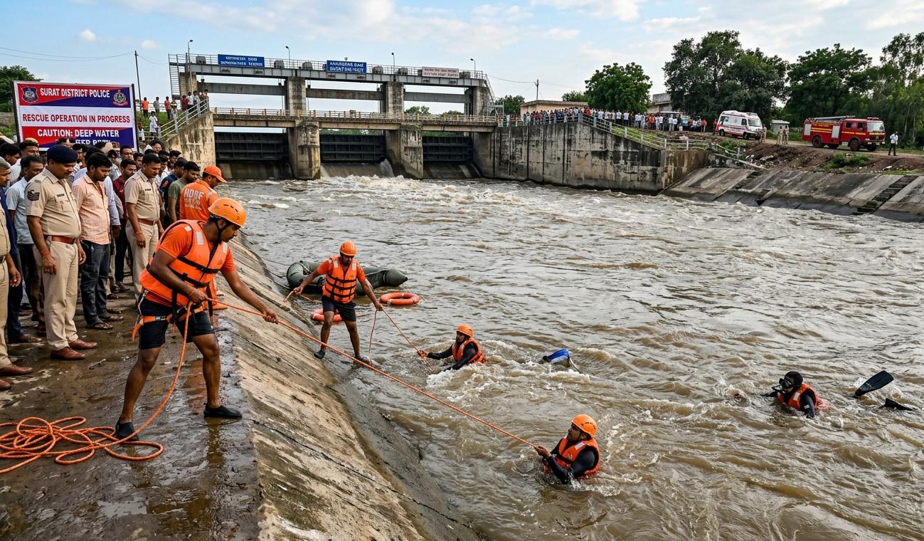 सूरत के मांडवी में काकरापार बांध की नहर का दृश्य जहां 4 युवक डूबे