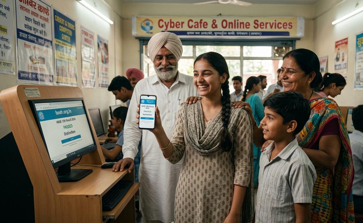 * हरियाणा बोर्ड 12वीं रिजल्ट 2026 चेक करते हुए छात्र और खुश परिवार की तस्वीर।