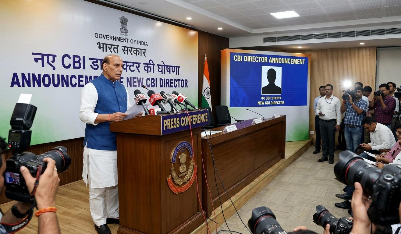 भारत सरकार की प्रेस कॉन्फ्रेंस में नए सीबीआई डायरेक्टर की घोषणा का दृश्य।