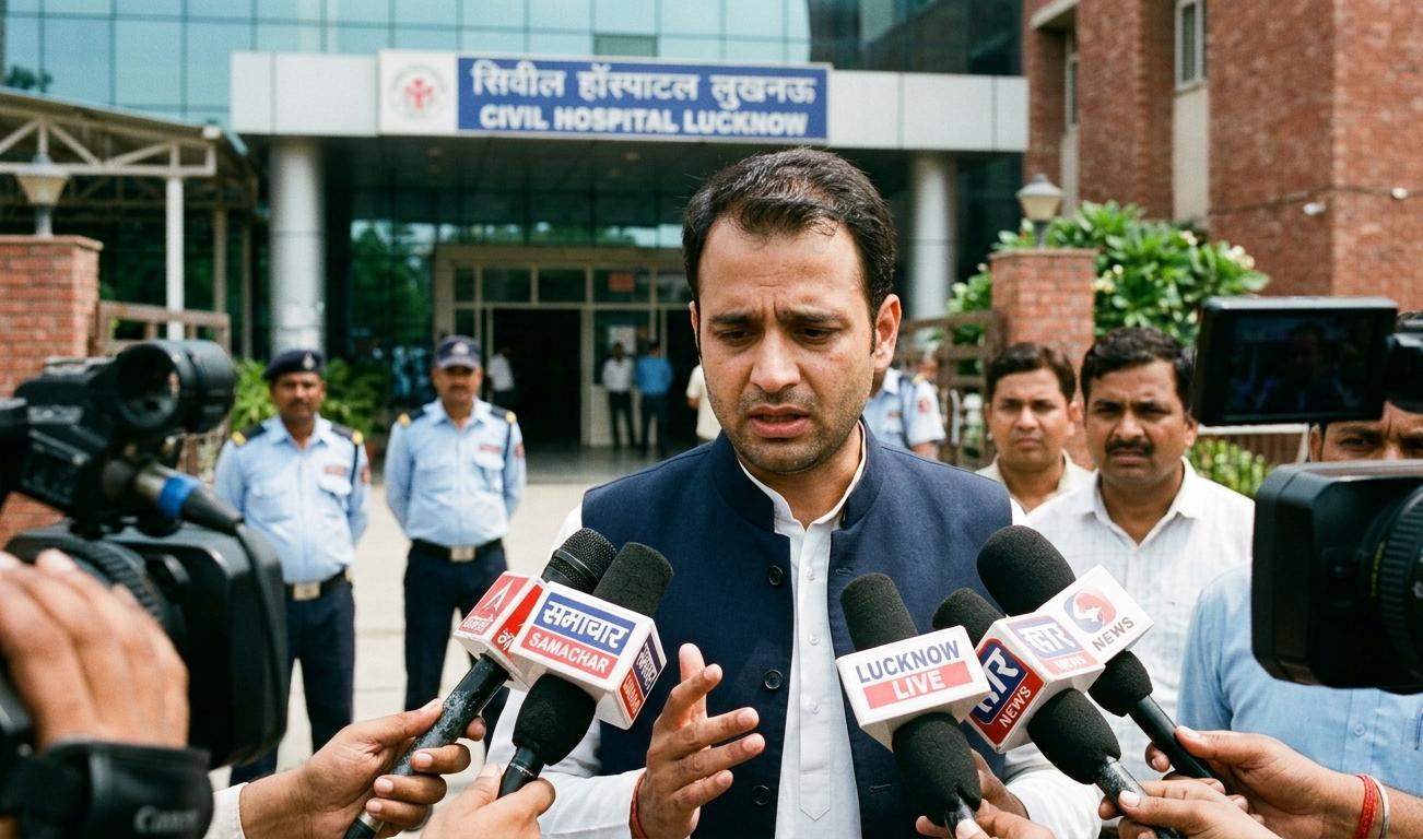 लखनऊ के सिविल अस्पताल के बाहर मीडिया कर्मियों से बात करते लोग और प्रतीक यादव के निधन की खबर का दृश्य।