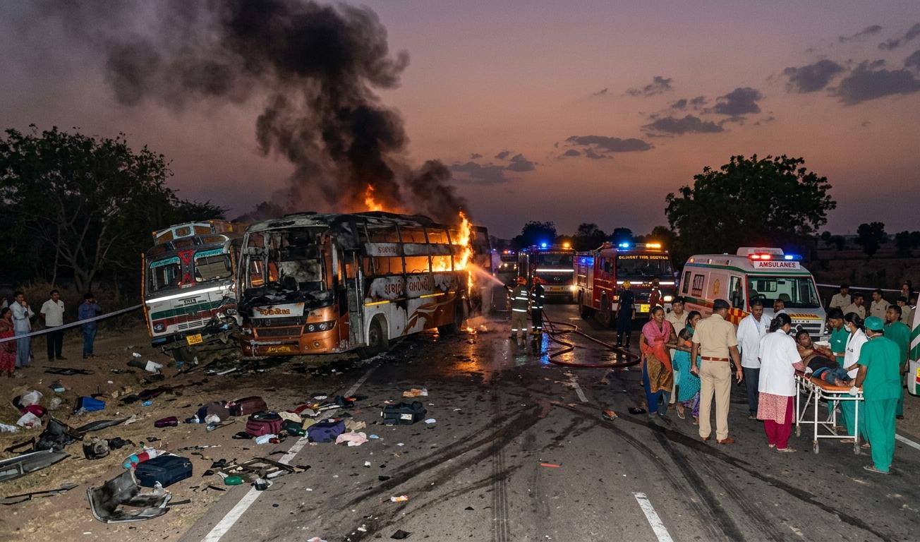 "गुजरात सुरेंद्रनगर बस हादसा चोटिला राजकोट हाईवे आग लगी बस और ट्रक की टक्कर"