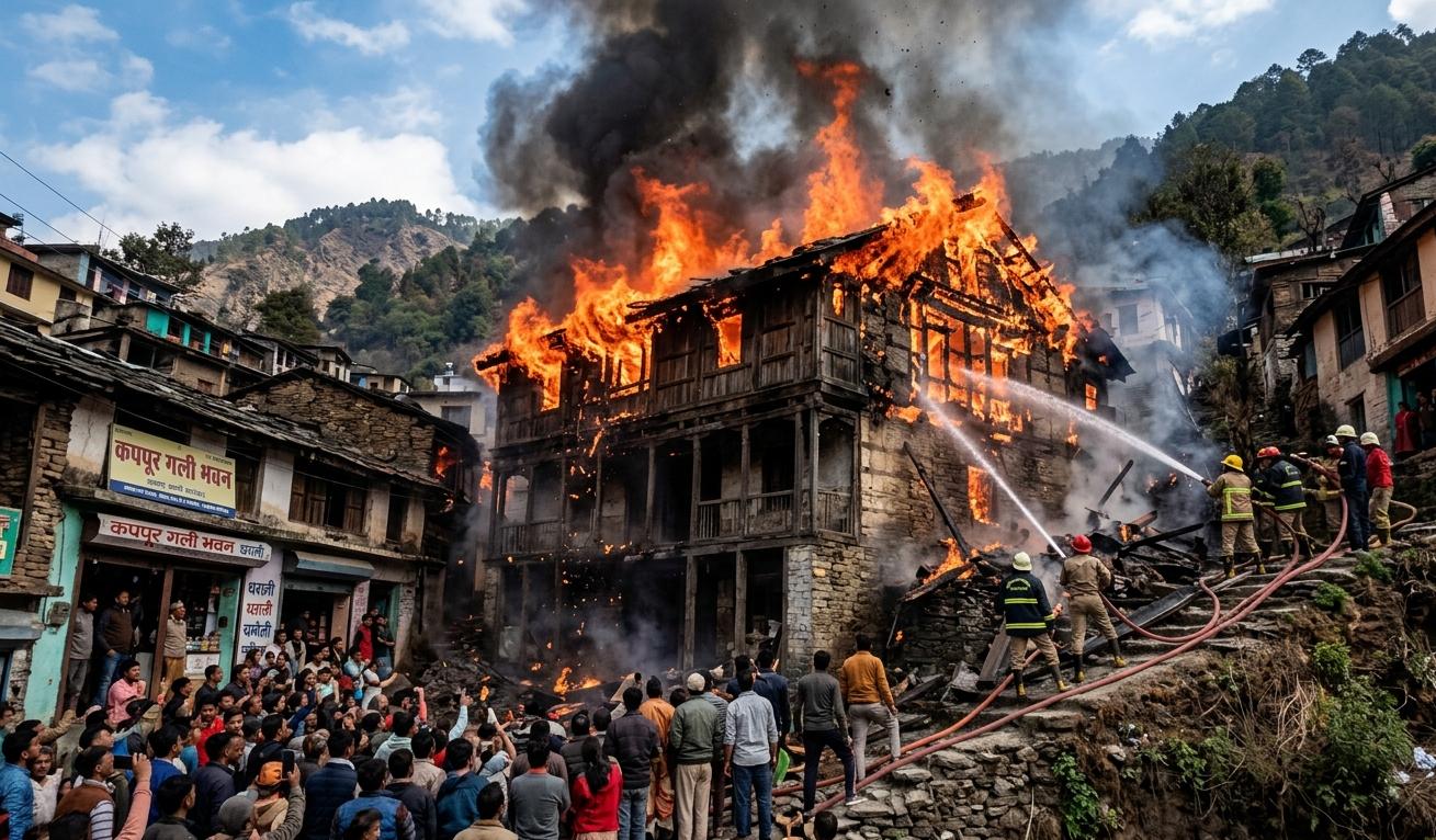 थराली चमोली में जलता हुआ 100 साल पुराना कपूर गली भवन (Fire in historic building Tharali Chamoli)