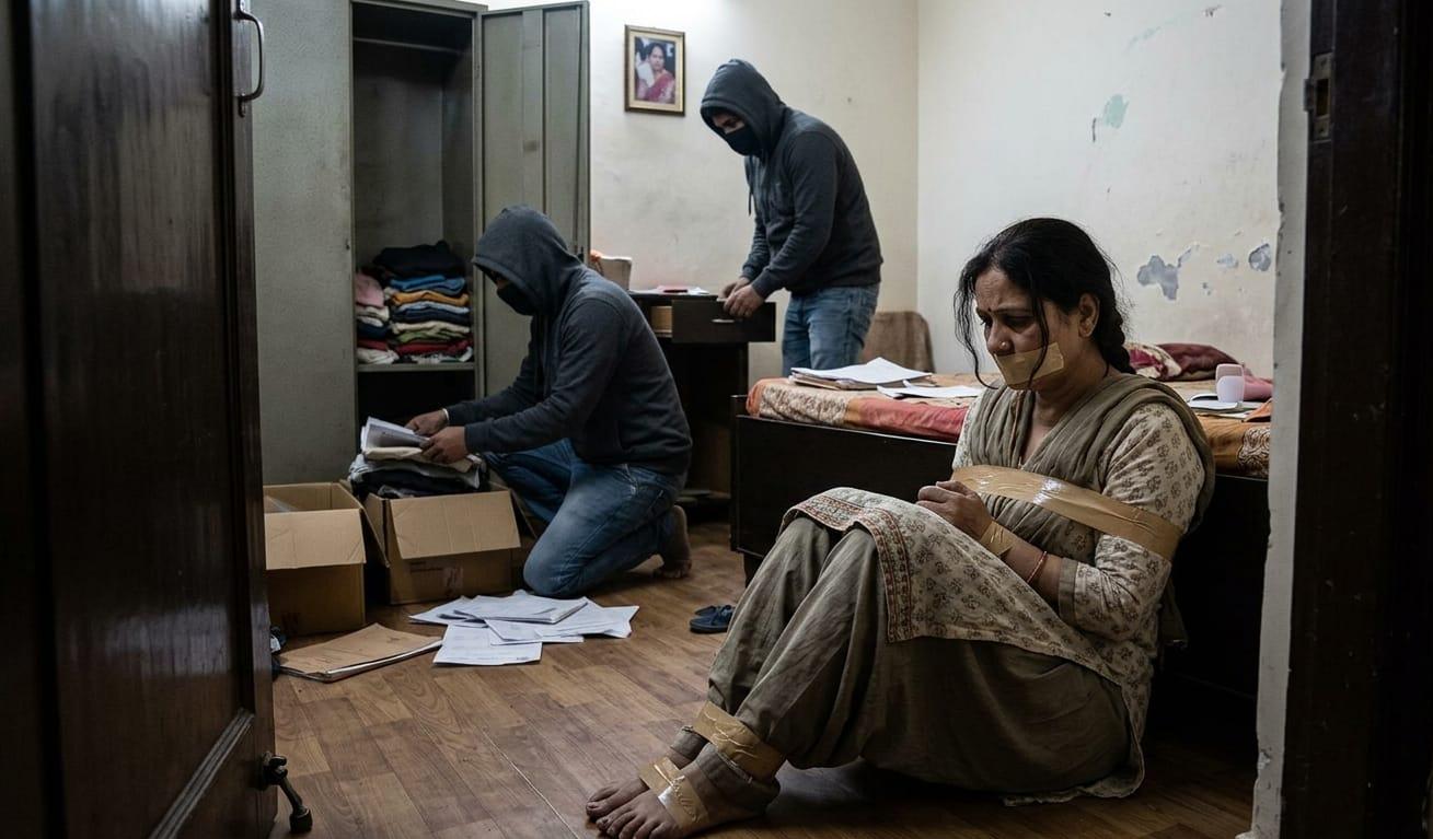 दिल्ली के त्रिलोकपुरी में लूट की घटना के बाद जांच करती पुलिस और पीड़ित महिला।