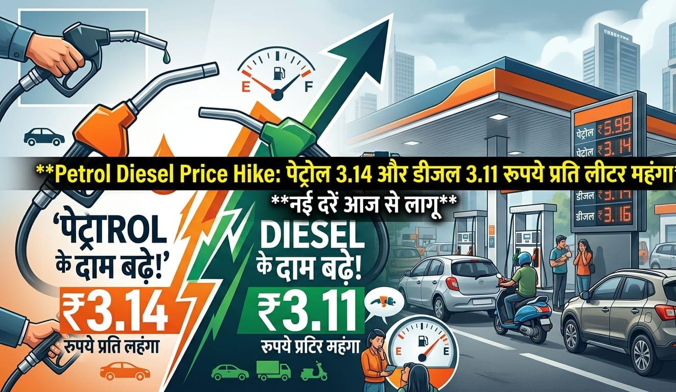भारतीय पेट्रोल पंप पर तेल की बढ़ी हुई कीमतों को देखता एक व्यक्ति और डिजिटल बोर्ड पर पेट्रोल ₹97.77 और डीजल ₹90.67 के दाम।