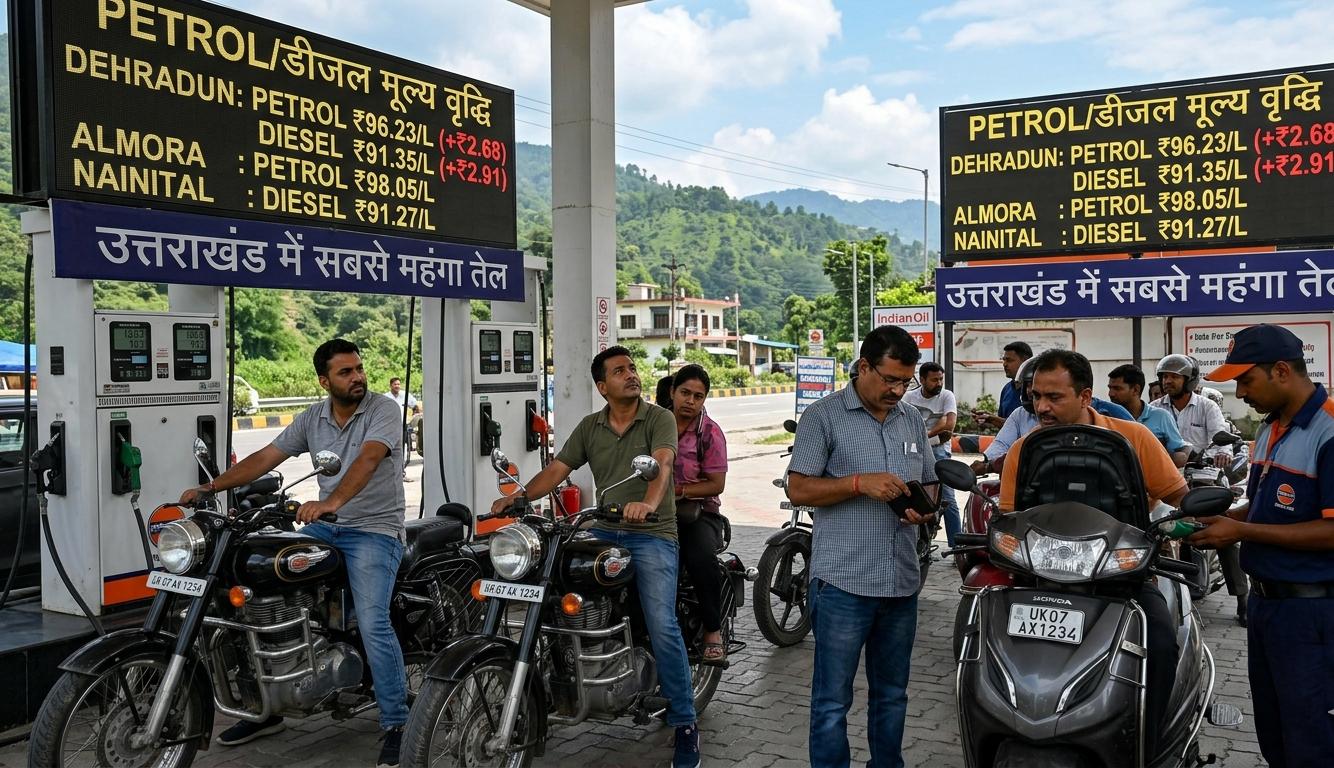 उत्तराखंड में पेट्रोल पंप पर तेल भरवाते लोग और तेल की कीमतों को दर्शाता बोर्ड