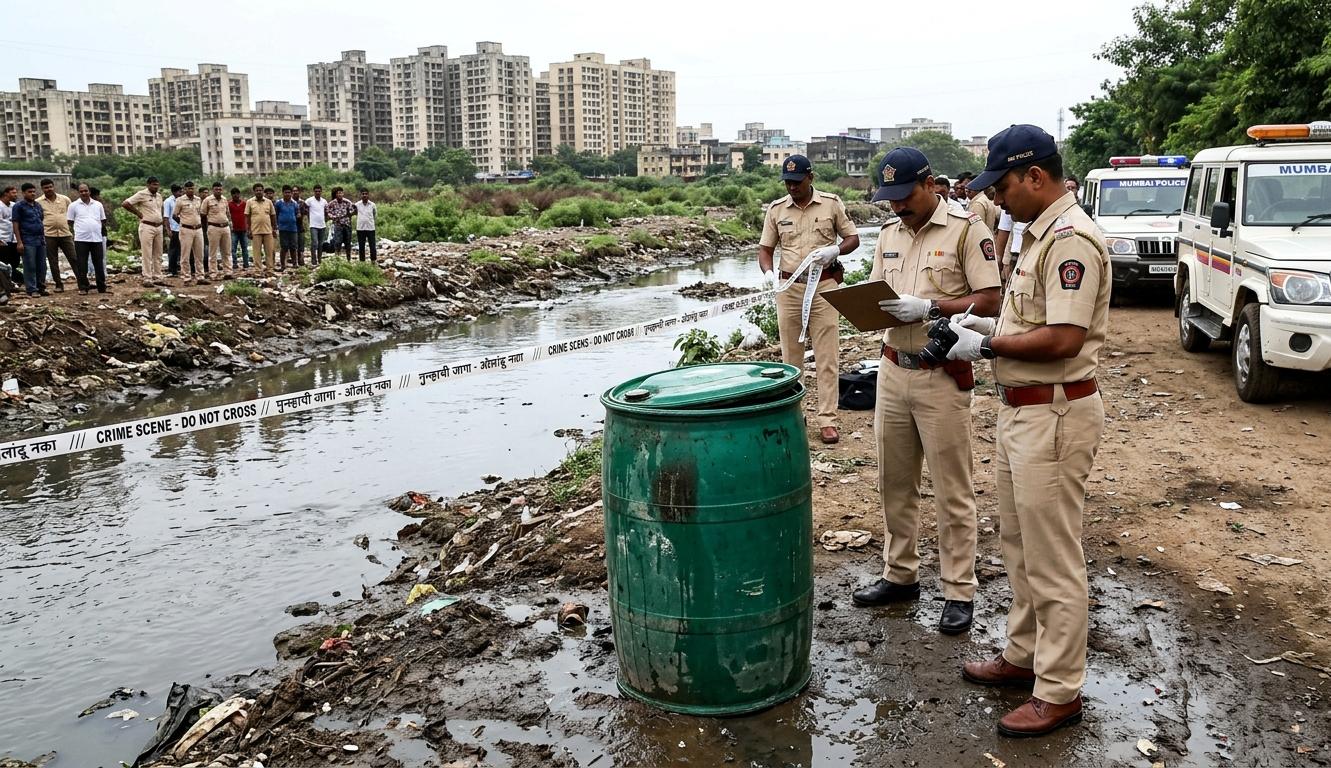 मुंब्रा पुलिस मुंबई में एक नाले से हरे रंग के ड्रम के अंदर छिपे शव को बरामद करते हुए।)