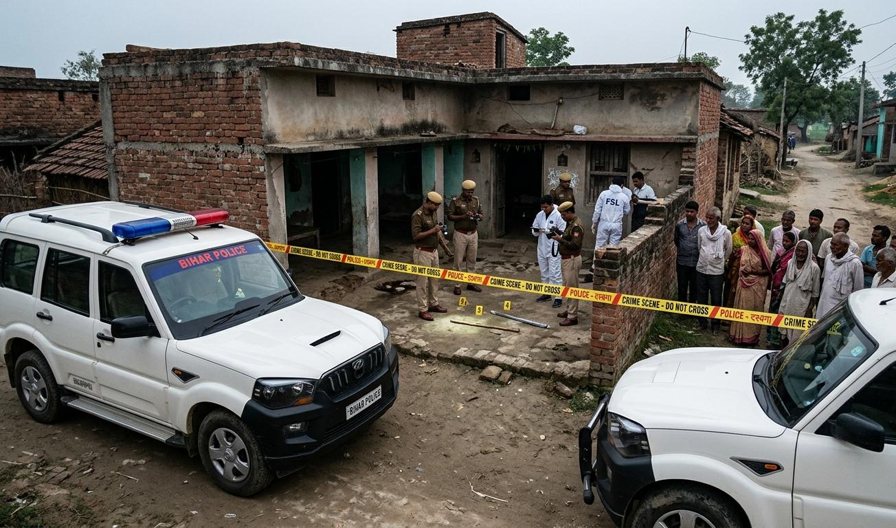 बिहार के दरभंगा में हत्याकांड के बाद जांच करती पुलिस और एफएसएल टीम की गाड़ी