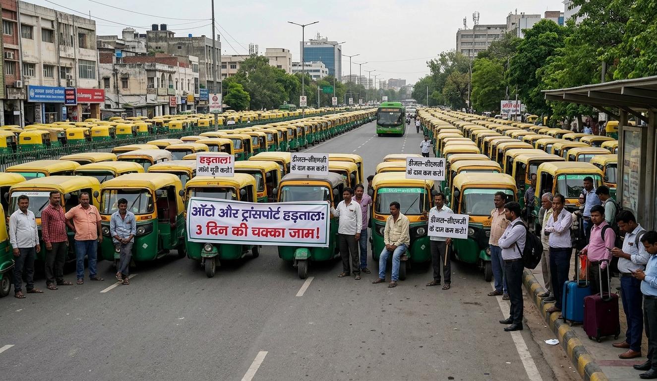 दिल्ली की सड़क पर कतार में खड़े ऑटो और हड़ताल का बैनर थामे प्रदर्शन करते लोग