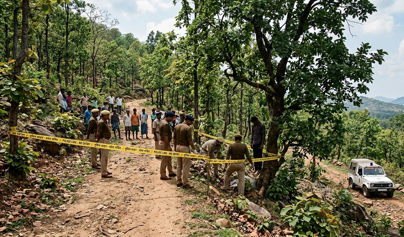 झारखंड के रामगढ़ में पहाड़ी पर DRDO इंजीनियर की मौत के बाद जांच करती पतरातू थाना पुलिस और खड़े ग्रामीण