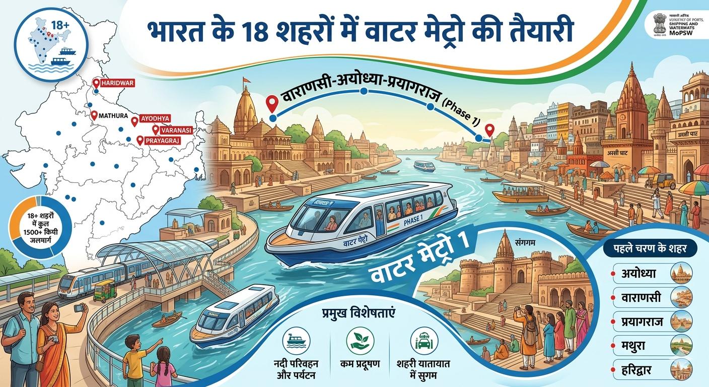 नदियों में चलती हुई आधुनिक वाटर मेट्रो बोट और किनारे पर बने हाई-टेक बोट टर्मिनल का ग्राफिक इन्फोग्राफिक, वाटर मेट्रो इंडिया प्रोजेक्ट