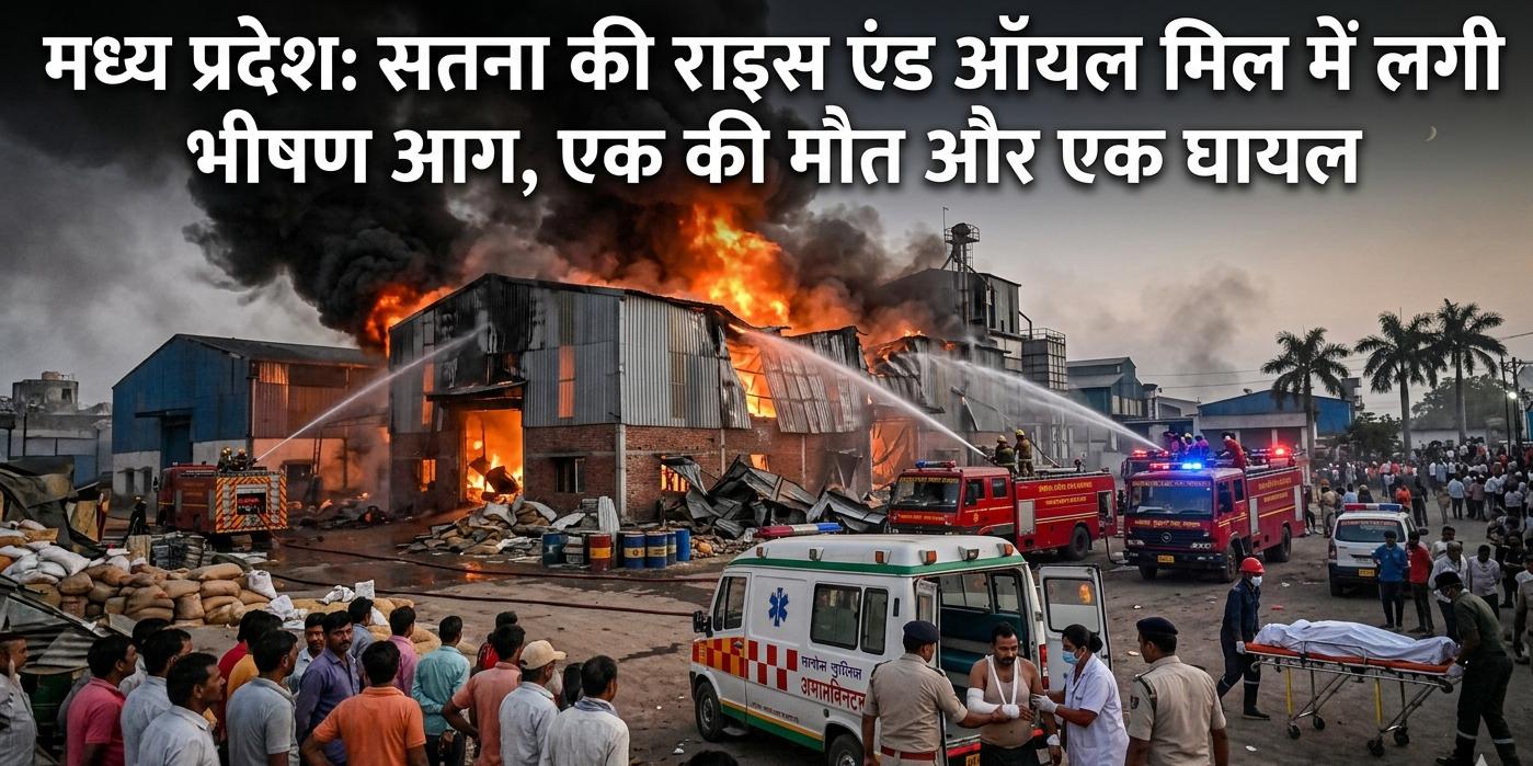 सतना की राइस एंड ऑयल मिल में लगी भीषण आग को बुझाती दमकल की गाड़ियाँ और बाहर खड़ी एम्बुलेंस व पुलिस बल