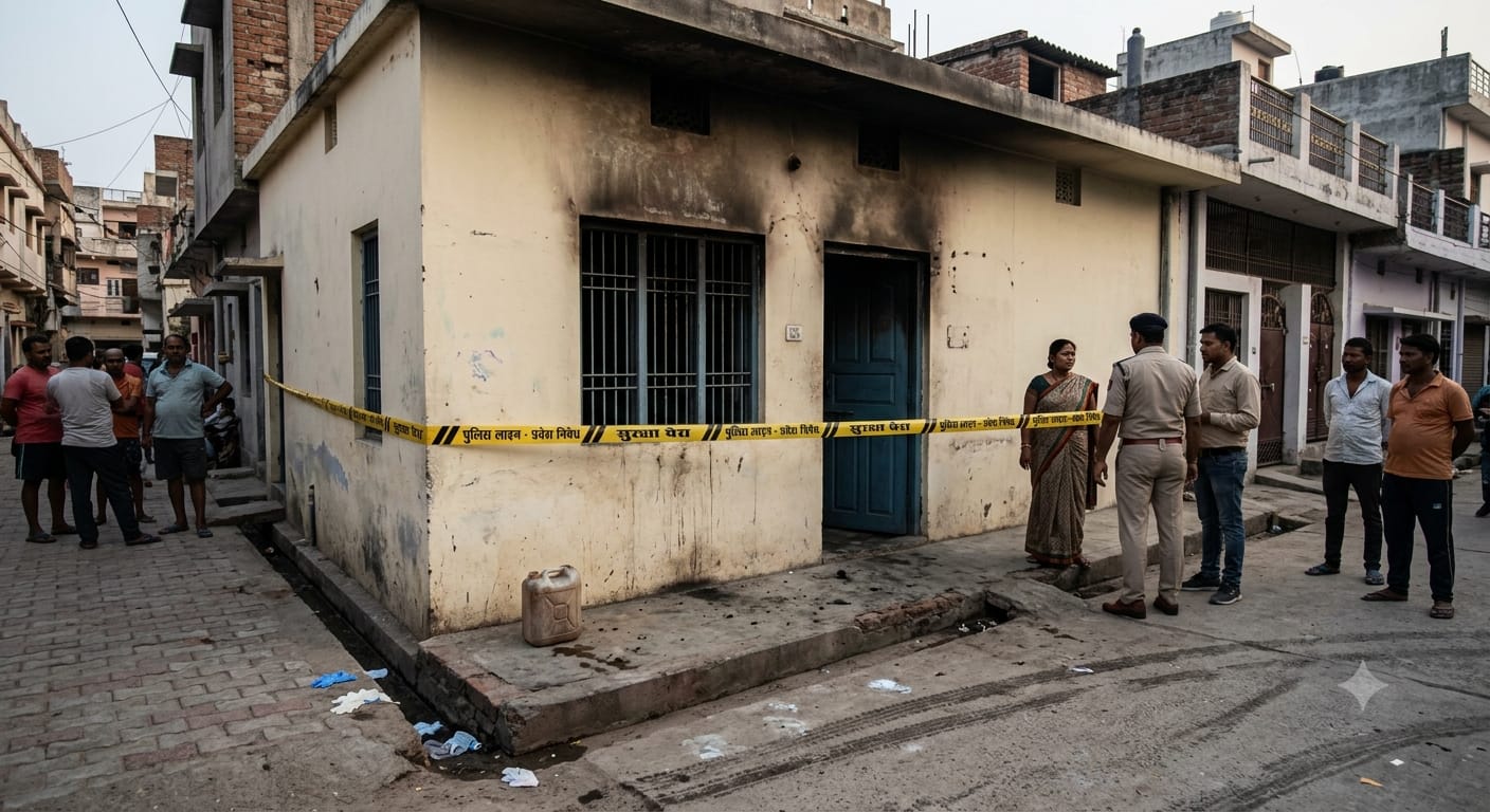 पटना सिटी में घर के अंदर आगजनी की घटना के बाद जांच करती पुलिस और मची अफरातफरी।