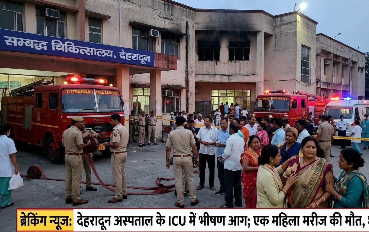 देहरादून के पैनेसिया अस्पताल के आईसीयू में लगी भीषण आग और बाहर रेस्क्यू करते दमकलकर्मी।