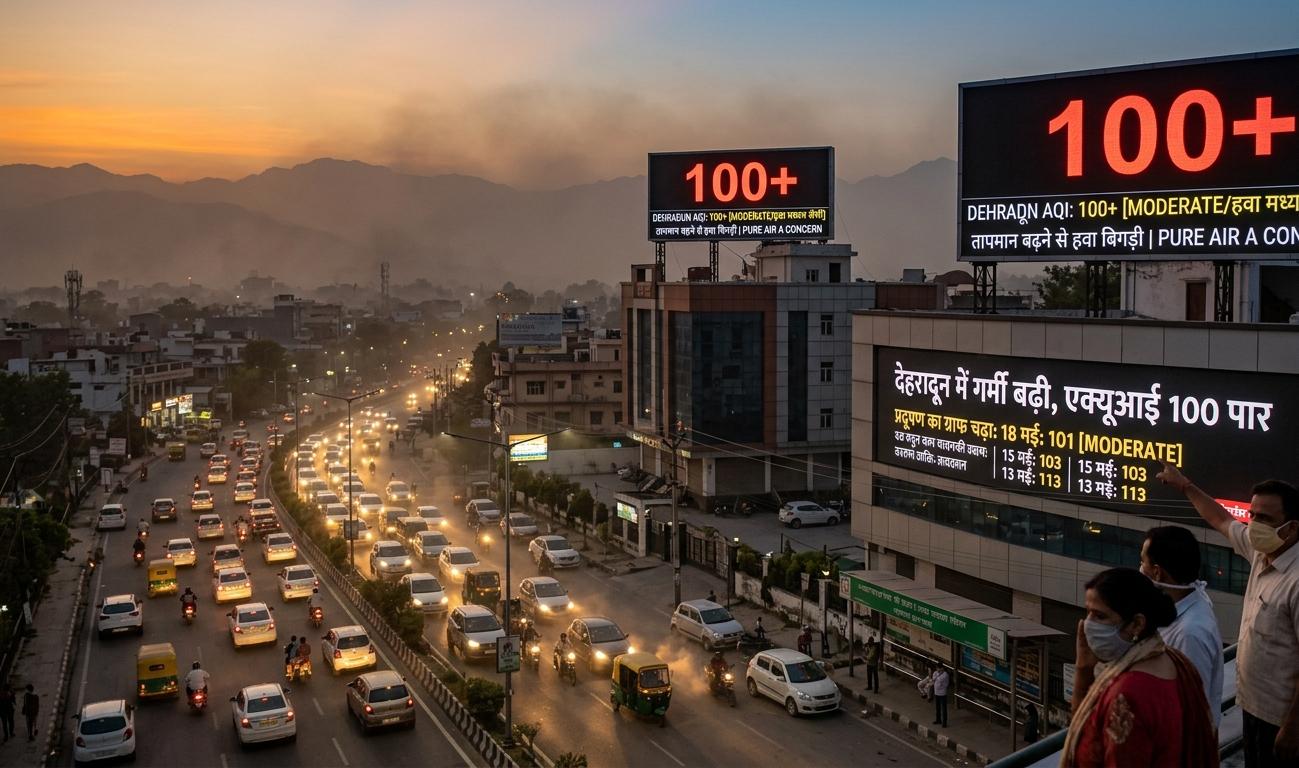 देहरादून की सड़क पर वाहनों की आवाजाही और डिजिटल बोर्ड पर 100 से ऊपर दिखता एयर क्वालिटी इंडेक्स (AQI) और मास्क पहने लोग।
