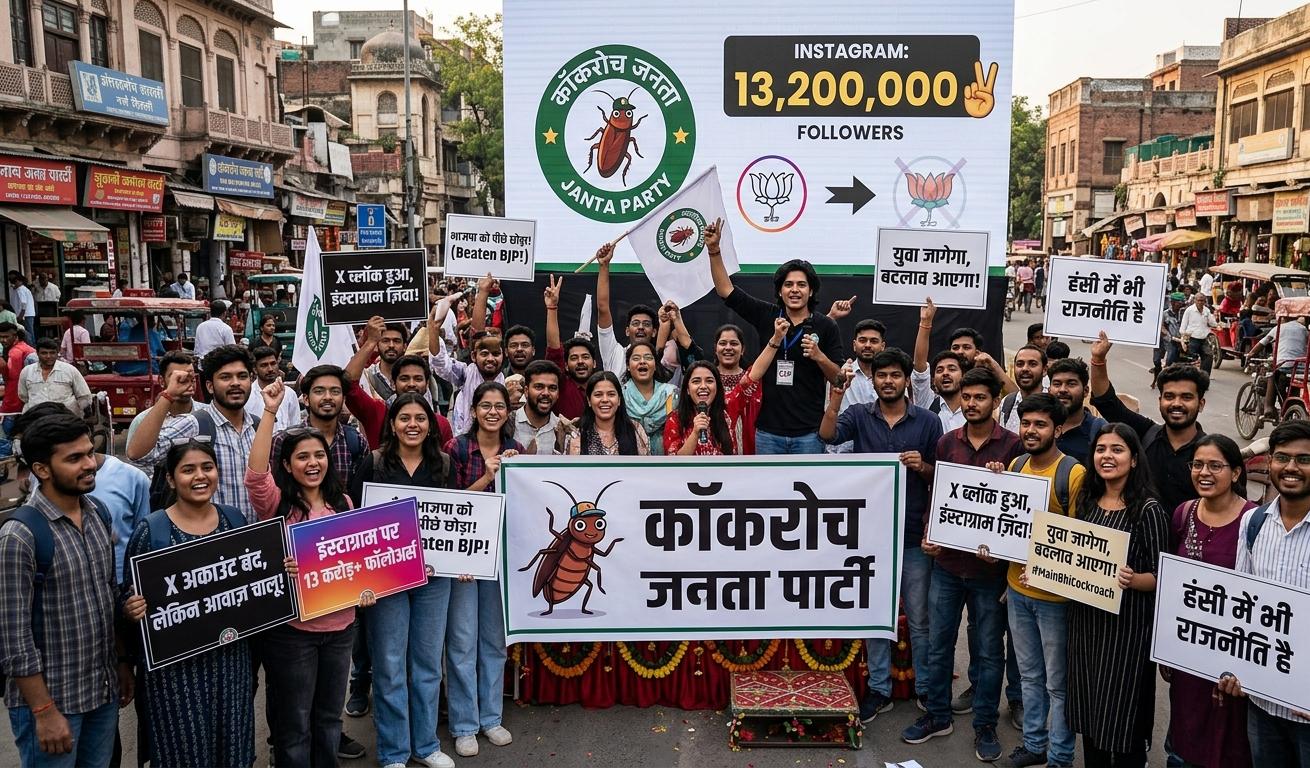 Youth in India protesting with Cockroach Janta Party banners and celebrating 13 million Instagram followers after X account ban