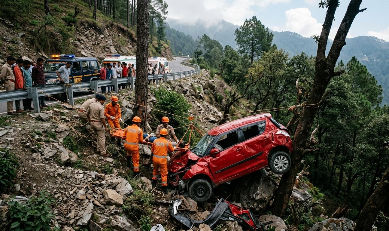 SDRF rescue team and Uttarakhand police saving victims from a crashed red car in a deep valley of Nainital