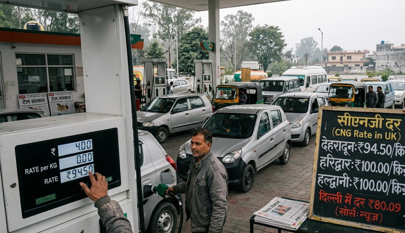 CNG pump in Dehradun Uttarakhand showing long queue of cars and autos with a board displaying different CNG rates for Dehradun Haridwar and Haldwani compared to Delhi