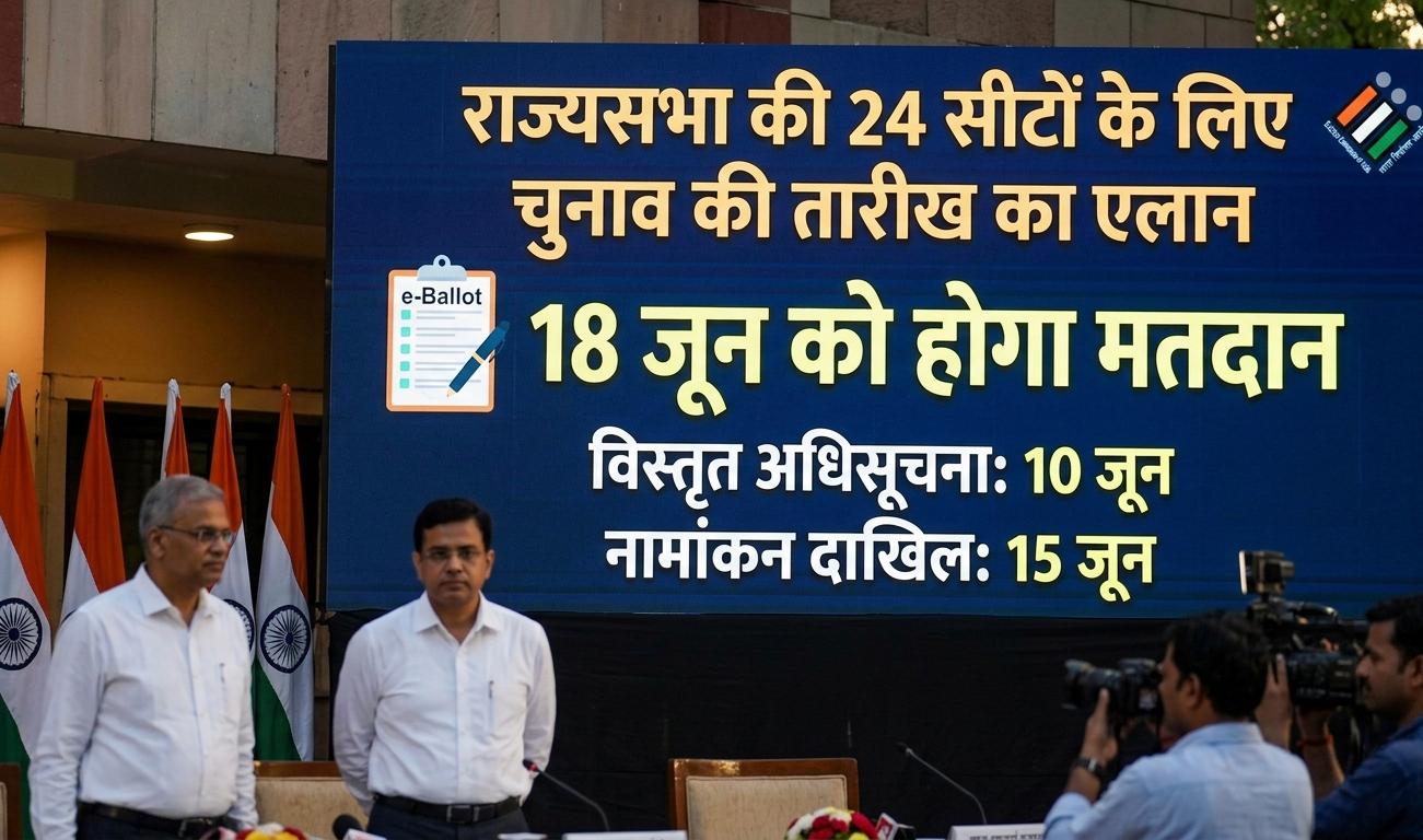 भारत निर्वाचन आयोग की प्रेस कॉन्फ्रेंस में स्क्रीन पर प्रदर्शित राज्यसभा चुनाव की तारीखें और मतदान का पूरा शेड्यूल