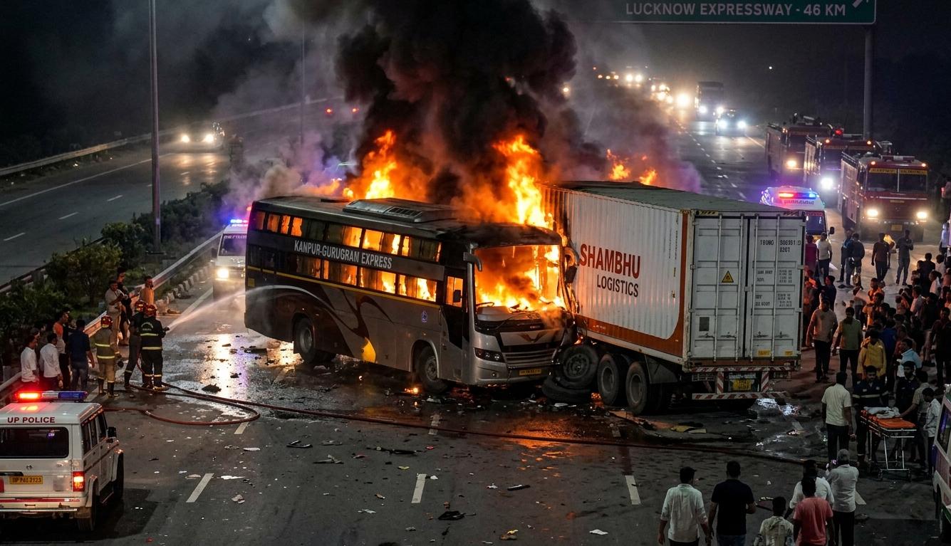 लखनऊ आगरा एक्सप्रेसवे पर बस और कंटेनर की टक्कर के बाद लगी भीषण आग और राहत बचाव कार्य में जुटी पुलिस और फायर ब्रिगेड की टीम