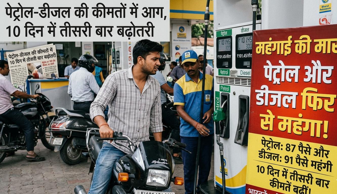 पेट्रोल पंप पर बाइक में ईंधन भरवाता चिंतित युवक और पेट्रोल-डीजल की बढ़ी हुई कीमतों का बोर्ड