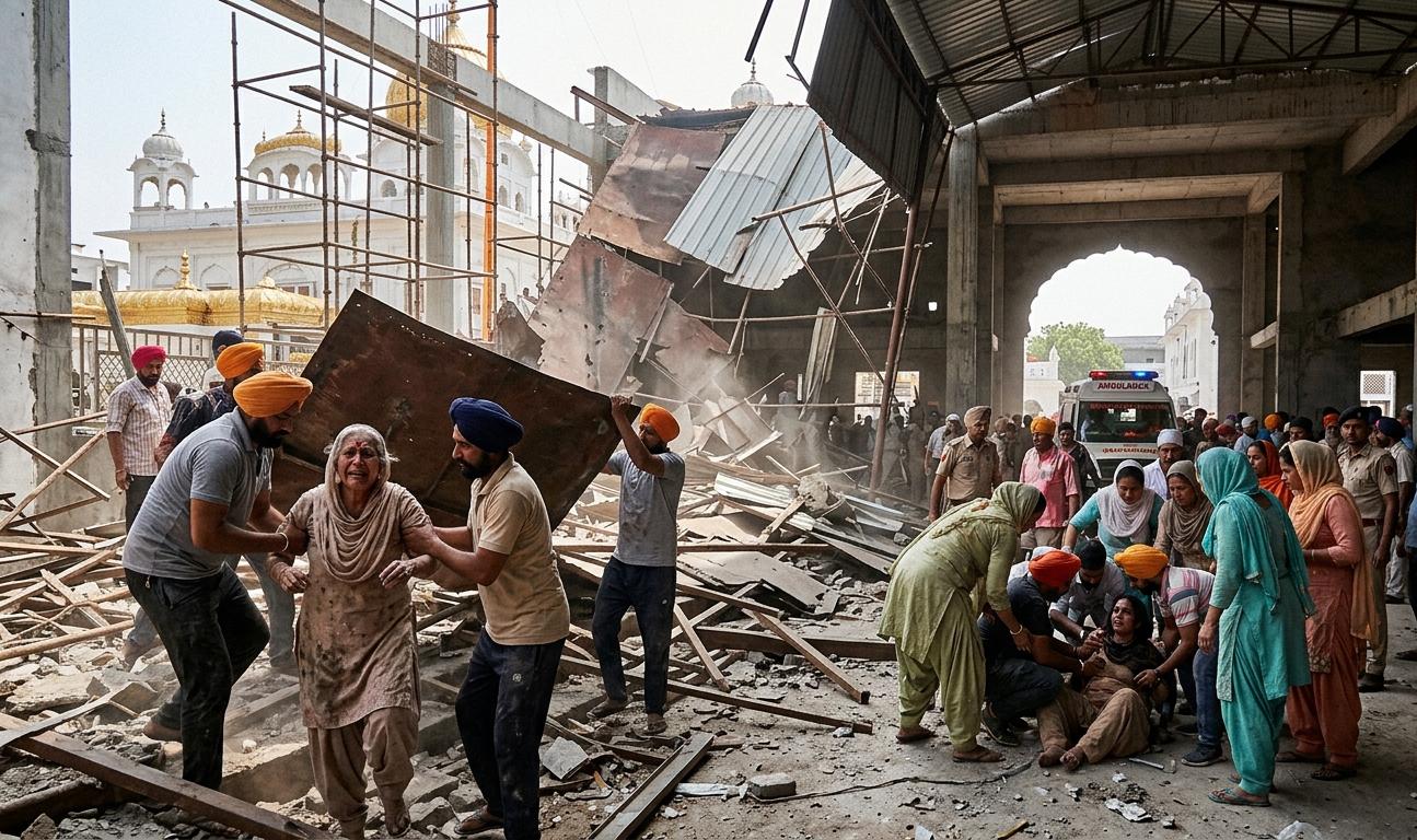 अमृतसर के गुरुद्वारा शहीदां साहिब में निर्माणाधीन लंगर हॉल की छत गिरने के बाद मलबे से घायल महिलाओं को बाहर निकालते हुए सेवादार और पुलिस, एक एम्बुलेंस और घटनास्थल पर मौजूद संगत
